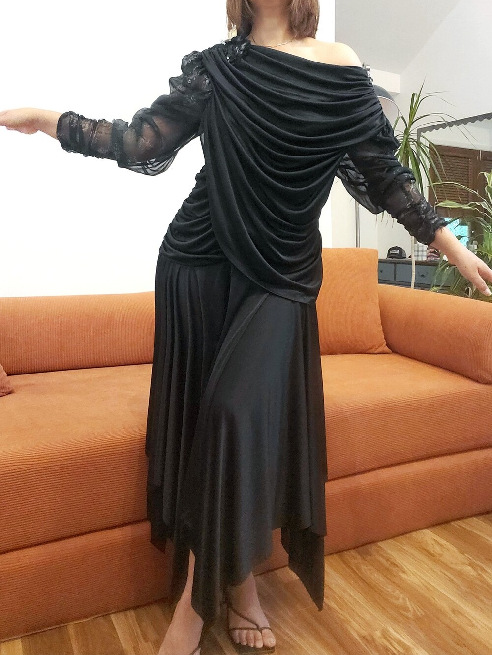 Elegant Black Draped  Evening Dress